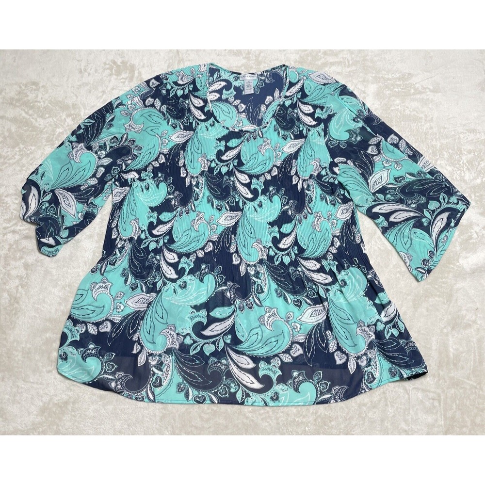 Catherine's Top Womens Size 3XL Smocked Paisley Blue Green Cold Shoulder Blouse